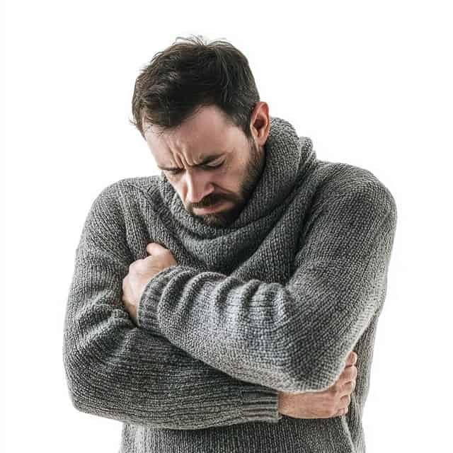 Hombre con suéter gris con frío o malestar