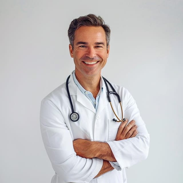 Médico sonriente con bata blanca y estetoscopio